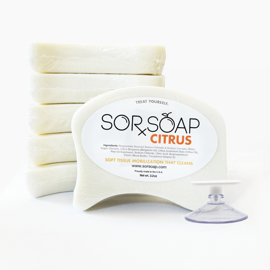 SORSOAP Citrus 6-Pack with suction cup holder, perfect for soft tissue recovery and a refreshing clean.
