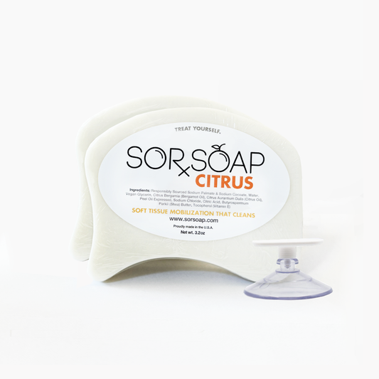 SORSOAP Citrus 2-Pack with a suction cup holder, perfect for soft tissue recovery and a refreshing clean.
