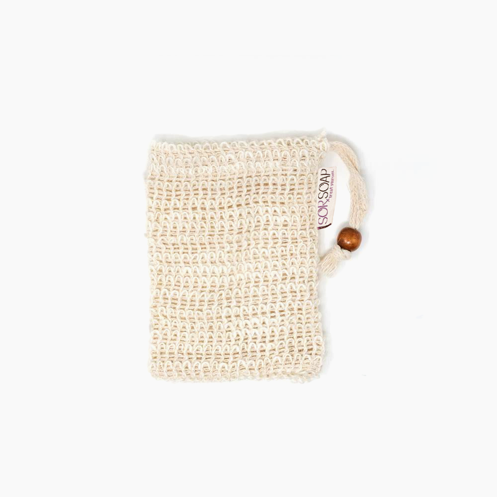 Natural sisal soap-saving bag with a drawstring closure, perfect for exfoliation and maximizing soap use.